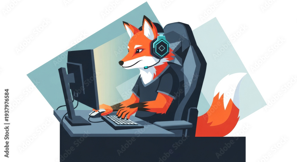 Naklejka premium Stylized, Animated Orange Fox Wearing Headphones, Engaged in Gaming at a Computer Desk