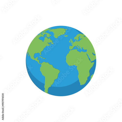 Modern flat design icon of Earth with green continents and blue oceans, representing global connections, environment, travel, and international concepts