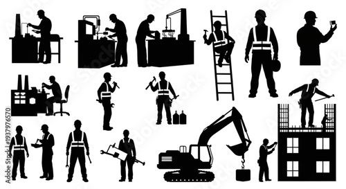 Construction workers and industrial workers performing various tasks.