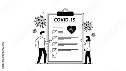 Two people inspecting a COVID-19 checklist on a clipboard, surrounded by virus particles, emphasizing health guidelines and safety measures.