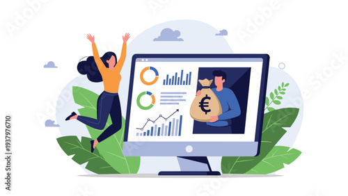 Happy woman jumping joyfully in front of a computer screen displaying financial charts and a man holding a money bag, symbolizing online earning.