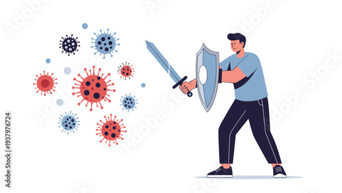Man holding a sword and shield, actively fighting off an onslaught of red and blue virus particles, symbolizing disease defense and immunity.