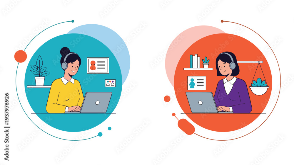 Fototapeta premium Two women, each working on laptops with headphones within their distinct circular interfaces, symbolizing remote work and online collaboration.