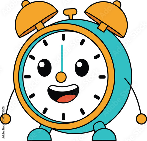 Cute cartoon alarm clock character illustration with smiling face representing time management, wake up concept, morning routine and schedule reminder