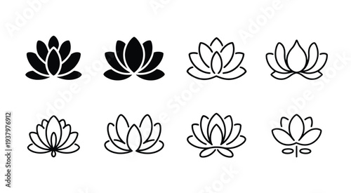 Lotus Flower Icon Set, Sacred Lotus Blossom Symbol Collection, Minimal Floral Vector Icons Isolated on Transparent Background