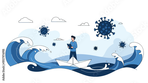 Man in a delicate paper boat navigating stormy, virus-infested waters, symbolizing resilience and leadership during a global health crisis.