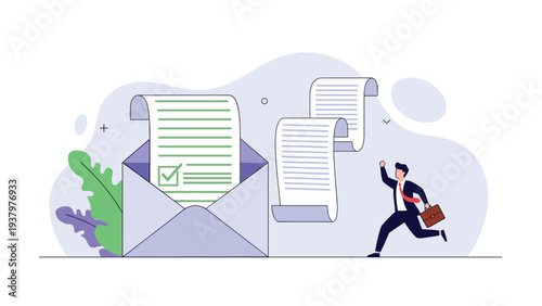 Excited businessman running happily from a large open envelope with documents flying out, symbolizing successful mail delivery or project completion.