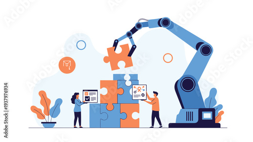 Advanced robotic arm meticulously assembling jigsaw puzzle pieces, with people working collaboratively alongside, symbolizing automation and teamwork.