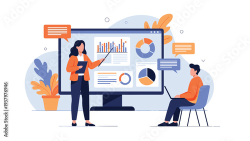 Woman giving a professional presentation in front of a large computer monitor displaying various data charts, with a man attentively watching.