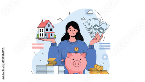 Woman balancing a house and stacks of money, with a piggy bank and gold coins, illustrating real estate investment and financial planning.