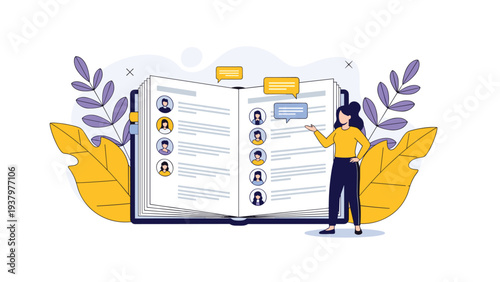 Woman presenting an open book displaying user profiles and chat bubbles, surrounded by lush leaves, symbolizing social network or online communication.