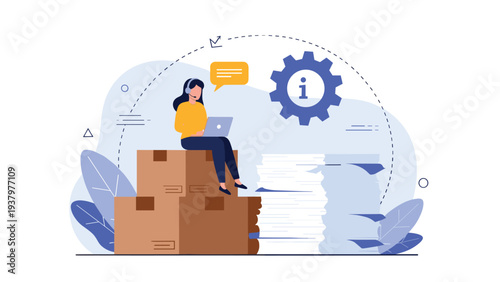 Woman with headphones and a laptop sitting atop boxes, surrounded by stacks of documents, symbolizing remote work, customer service, or support.