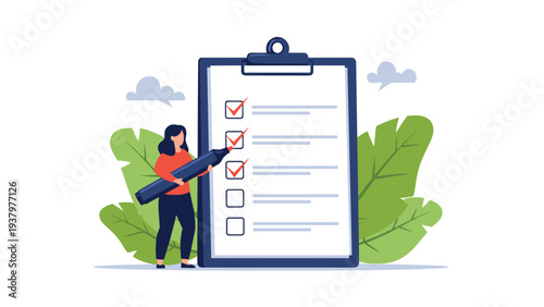 Woman holding a large marker and diligently checking off completed items on a clipboard checklist, illustrating efficient task management.