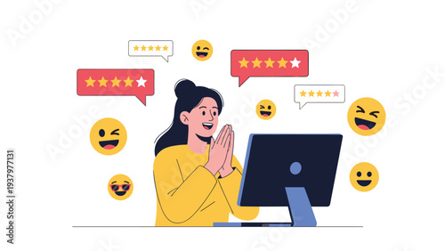 Happy woman looking at a computer screen surrounded by glowing star ratings and cheerful emoji, symbolizing positive online reviews and satisfaction.