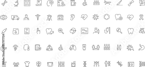 Digital healthcare outline icon set for telemedicine, patient monitoring, medical analytics, secure records, appointments, prescription, microchip technology, editable  Vector illustration.
