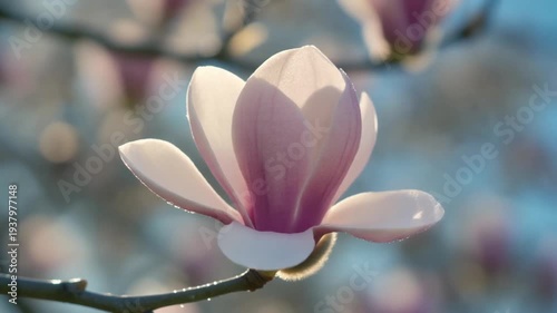 Delicate pink magnolia blossom glowing in warm sunlight
