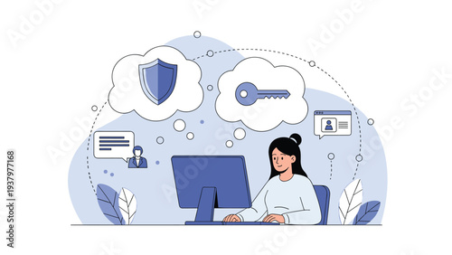 Woman working on her desktop computer, thinking about digital security and access keys, representing safe online transactions and data protection.