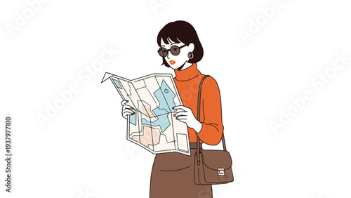 Stylish woman wearing sunglasses and a brown outfit, carefully consulting a folded paper map to navigate her way through a new location.
