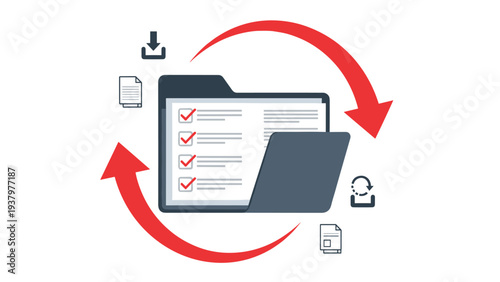 Dynamic illustration of a folder containing a checklist, encircled by swirling arrows and download/upload icons, representing data synchronization and file management.