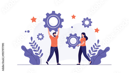 Man and woman collaboratively carrying large gears, symbolizing teamwork, problem-solving, and efficient machinery or business operations.