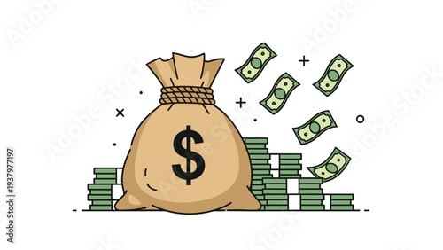 Abundant brown money bag overflowing with cash, surrounded by neat stacks of gold coins and flying dollar bills, symbolizing wealth and financial success.