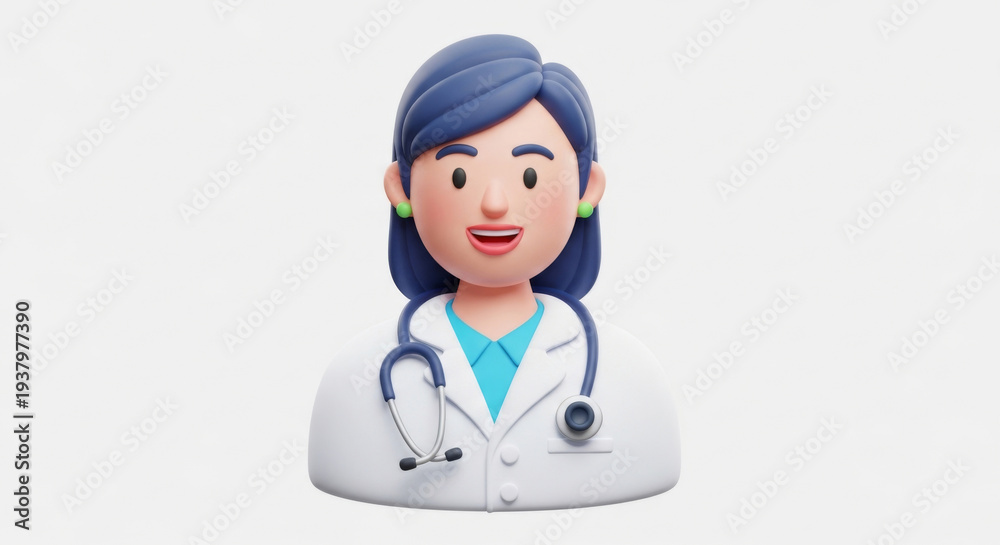 Fototapeta premium Friendly Female Cartoon Doctor with a Stethoscope, Wearing a White Coat and a Blue Shirt, Ready to Help Patients