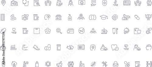 Digital healthcare outline icon set for telemedicine, patient monitoring, medical analytics, secure records, appointments, prescription, microchip technology, editable  Vector illustration.