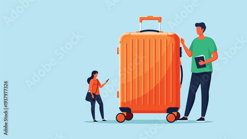 Two people, a man and a woman, standing next to a disproportionately large orange suitcase, humorously depicting travel planning or packing challenges.