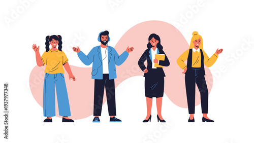 Diverse group of four standing people, two men and two women, dressed in various smart casual and business attires, representing a modern team or community.