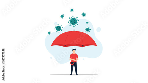 Man holding a large red umbrella to shield himself from floating virus particles, symbolizing protection, health safety, and immunity during an epidemic.