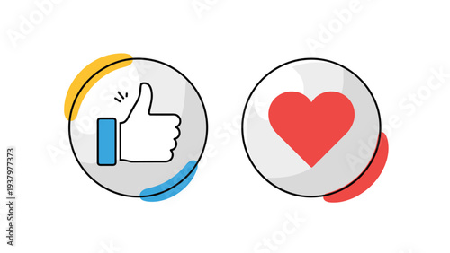 Two prominent social media engagement icons in circles: a thumbs-up "like" symbol and a vibrant red "heart" symbol, representing positive feedback and affection.