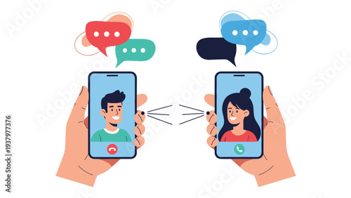Two hands holding smartphones displaying active video calls between a man and a woman, symbolizing long-distance communication and virtual interaction.