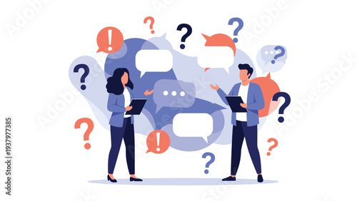 Two individuals engaged in conversation, surrounded by an abundance of question marks and exclamation points, symbolizing complex discussions and problem-solving.