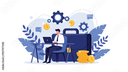 Focused businessman diligently working on his laptop at a desk, surrounded by elements of financial growth and operational efficiency like money and gears.