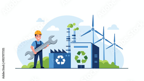 Smiling mechanic with a large wrench standing proudly next to an eco-friendly factory featuring recycling symbols and towering wind turbines, symbolizing green energy.