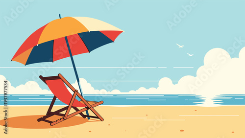 Serene and picturesque summer beach scene featuring a comfortable lounge chair and a colorful umbrella, inviting relaxation by the calm ocean.