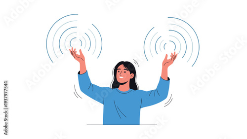Happy woman with raised hands, surrounded by circular sound waves, symbolizing sound, music, wireless technology, and positive energy or communication.