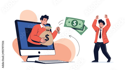 Man happily receiving a significant amount of money and a money bag from a computer screen, symbolizing online earnings, financial transactions, and digital wealth.