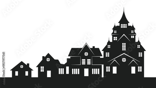 Striking silhouette of a charming town featuring a diverse array of houses, ranging in size and architectural style, symbolizing community development and growth.