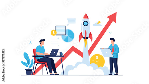 Two enthusiastic businessmen celebrating a successful rocket launch amidst a rising red growth chart, symbolizing rapid business growth and startup success.