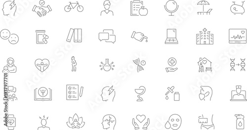 Digital healthcare outline icon set for telemedicine, patient monitoring, medical analytics, secure records, appointments, prescription, microchip technology, editable  Vector illustration.