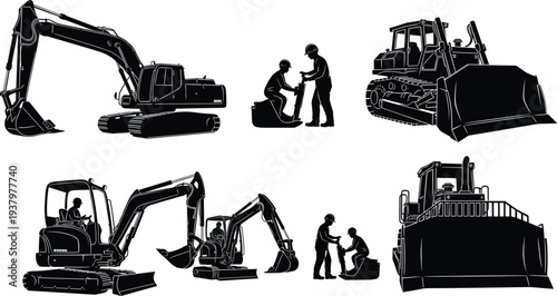 Heavy construction machinery silhouettes set featuring excavator, bulldozer, front loader, and workers with soil compactor for earthmoving, industrial building, and road work projects
