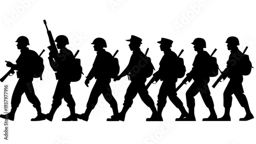 group of marching soldiers silhouette, armed military patrol walking