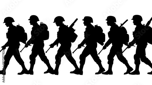 group of marching soldiers silhouette, armed military patrol walking