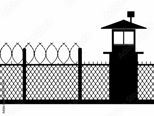 high security prison fence silhouette, Prison fence silhouette with barbed wire coils