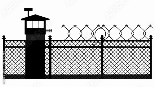 high security prison fence silhouette, Prison fence silhouette with barbed wire coils