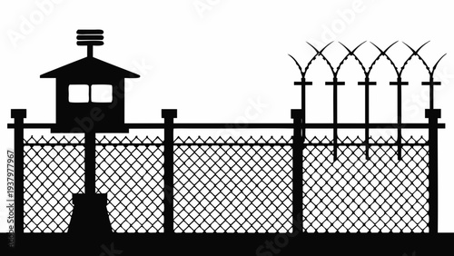 high security prison fence silhouette, Prison fence silhouette with barbed wire coils