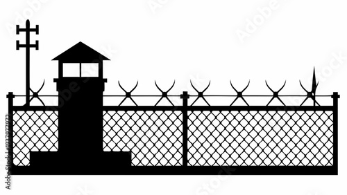 high security prison fence silhouette, Prison fence silhouette with barbed wire coils