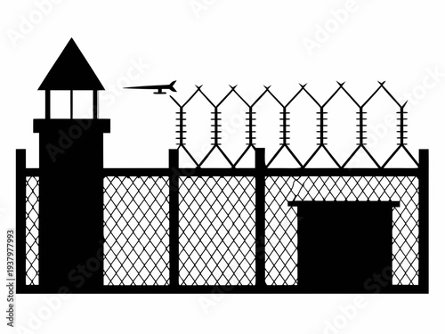 high security prison fence silhouette, Prison fence silhouette with barbed wire coils