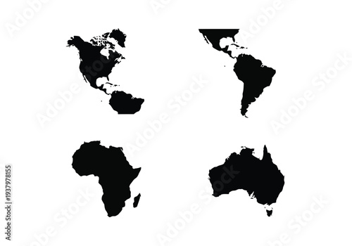 Collection of black silhouettes of world continents including north america, south america, africa, and australia
